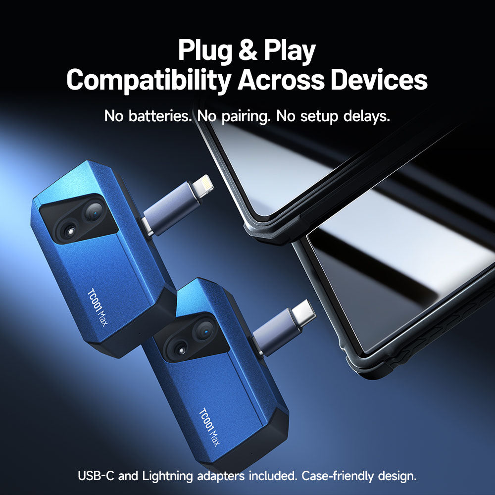 TOPDON TC001 Max thermal camera connected to mobile devices showing plug-and-play USB-C and Lightning compatibility.
