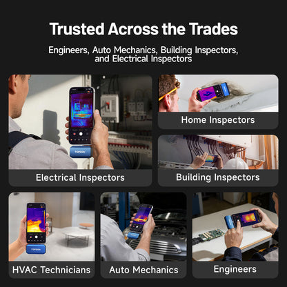 Professionals using the TOPDON TC001 Max thermal camera for electrical, HVAC, automotive, and building inspections.