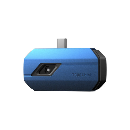 Angled view of the TOPDON TC001 Mini thermal imaging camera showing the infrared sensor and USB-C connector.