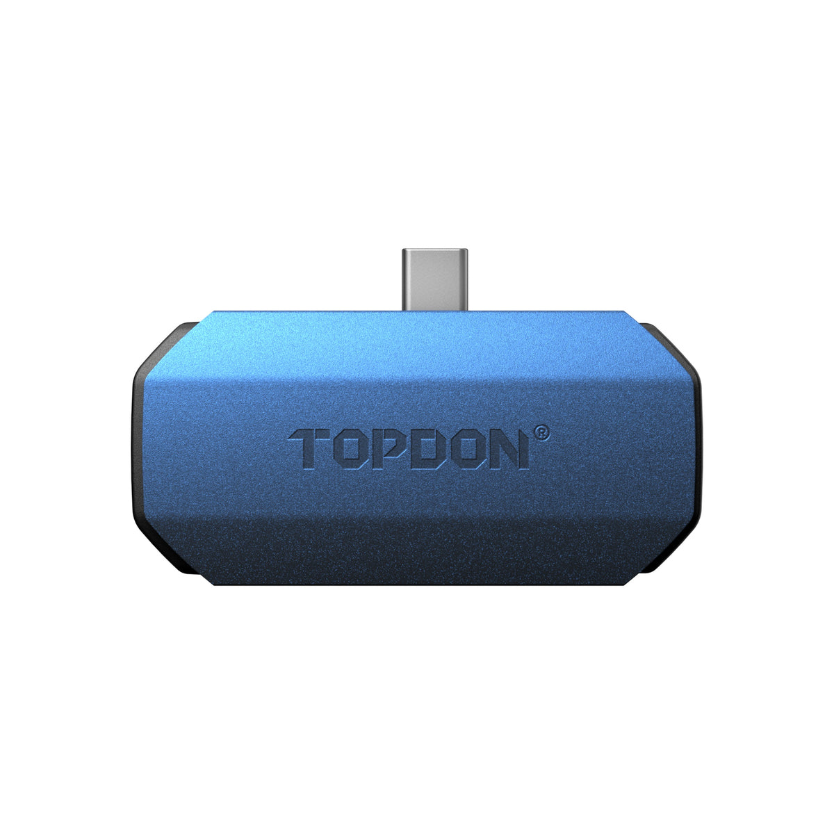 Rear view of the TOPDON TC001 Mini thermal imaging camera with USB-C connector and compact blue housing.