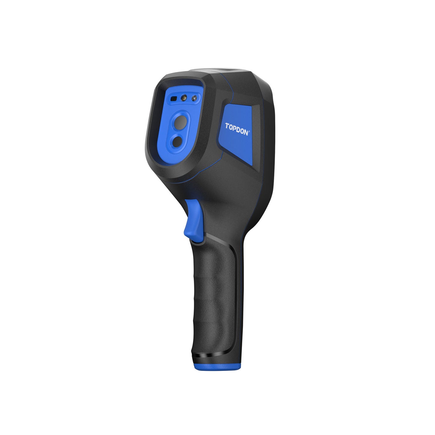 TOPDON TC004 handheld infrared camera angled rear view showing grip and dual lens system for inspection accuracy
