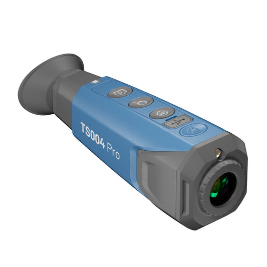 Angled right-side view of the TOPDON TS004 Pro thermal monocular highlighting buttons and lens.