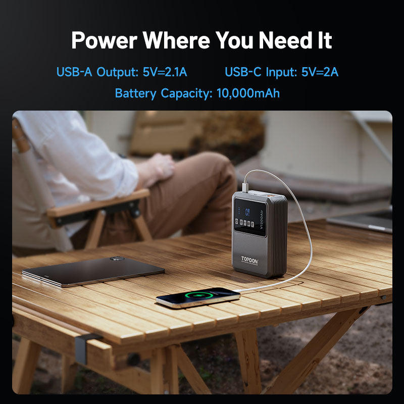 TOPDON V1200Air 10,000mAh portable power bank with USB-A and USB-C ports for charging phones and laptops