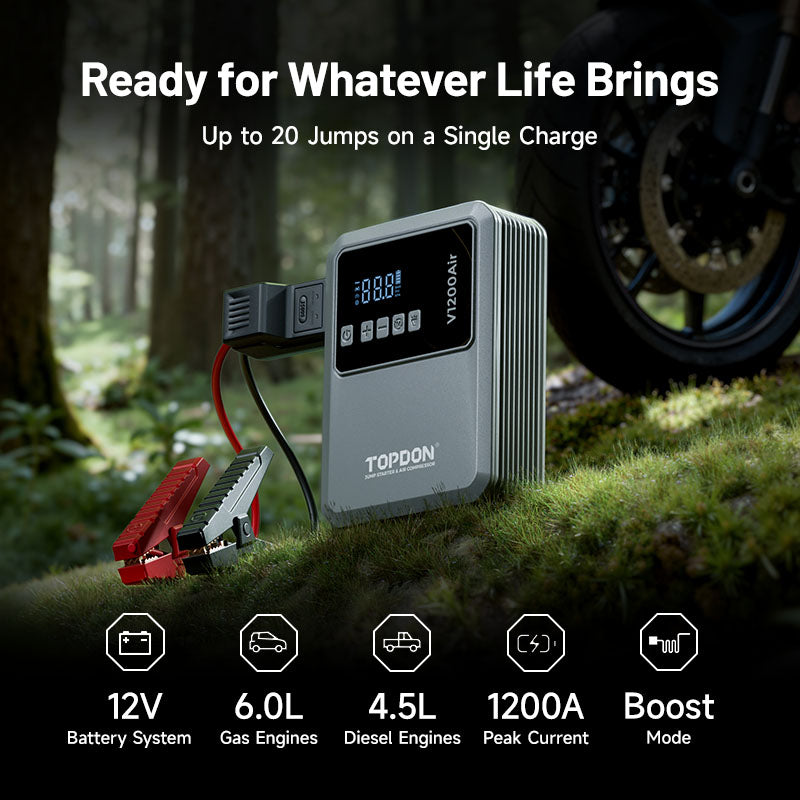 TOPDON V1200Air portable jump starter with 1200A peak current for 12V battery systems, 6.0L gas and 4.5L diesel engines