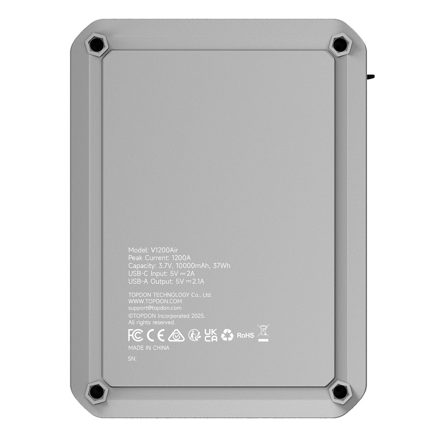 Back panel of TOPDON V1200Air jump starter showing technical specifications and certifications