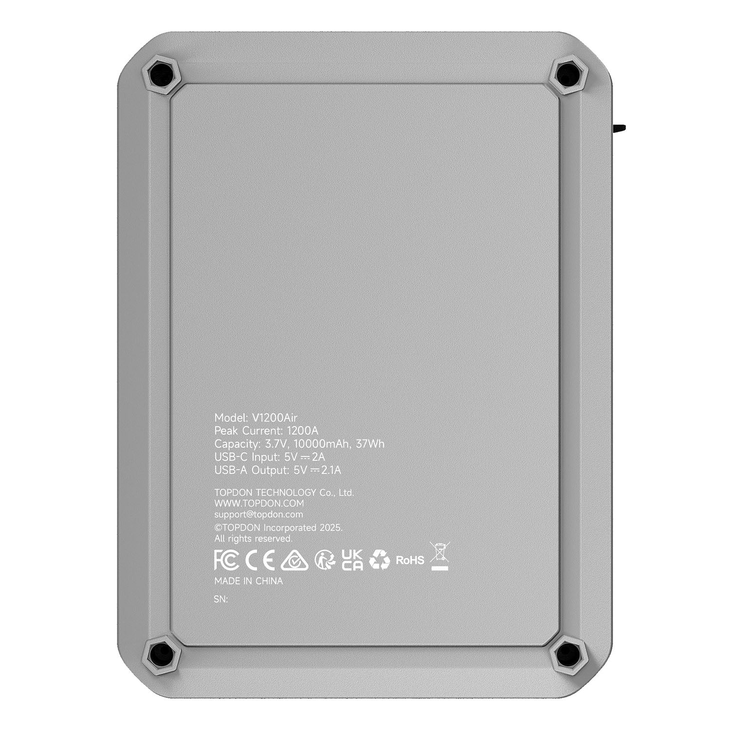 Back panel of TOPDON V1200Air jump starter showing technical specifications and certifications