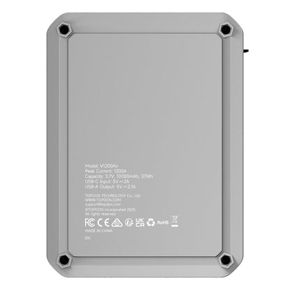 Back panel of TOPDON V1200Air jump starter showing technical specifications and certifications