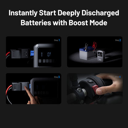 TOPDON V1200Air boost mode for starting deeply discharged car and motorcycle batteries, step-by-step guide