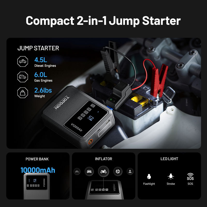 Compact TOPDON V1200Air 2-in-1 jump starter and 10,000mAh power bank with inflator and LED light