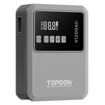 Front view of TOPDON V1200Air jump starter with digital display and control buttons.