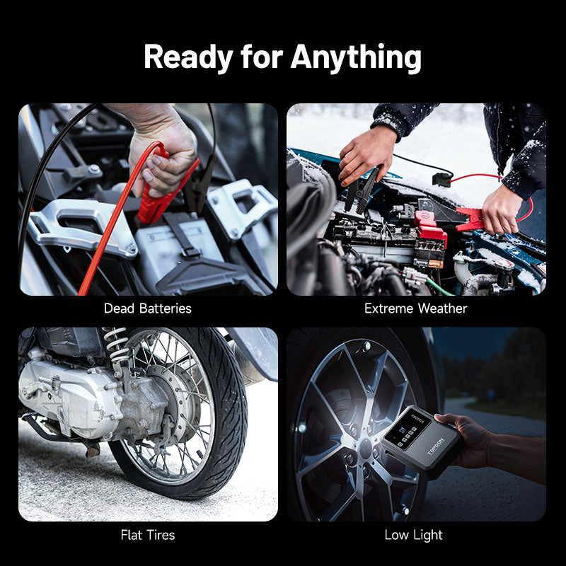 TOPDON V1200Air all-in-one emergency tool for jump starting dead batteries, inflating tires, and handling extreme weather or low light