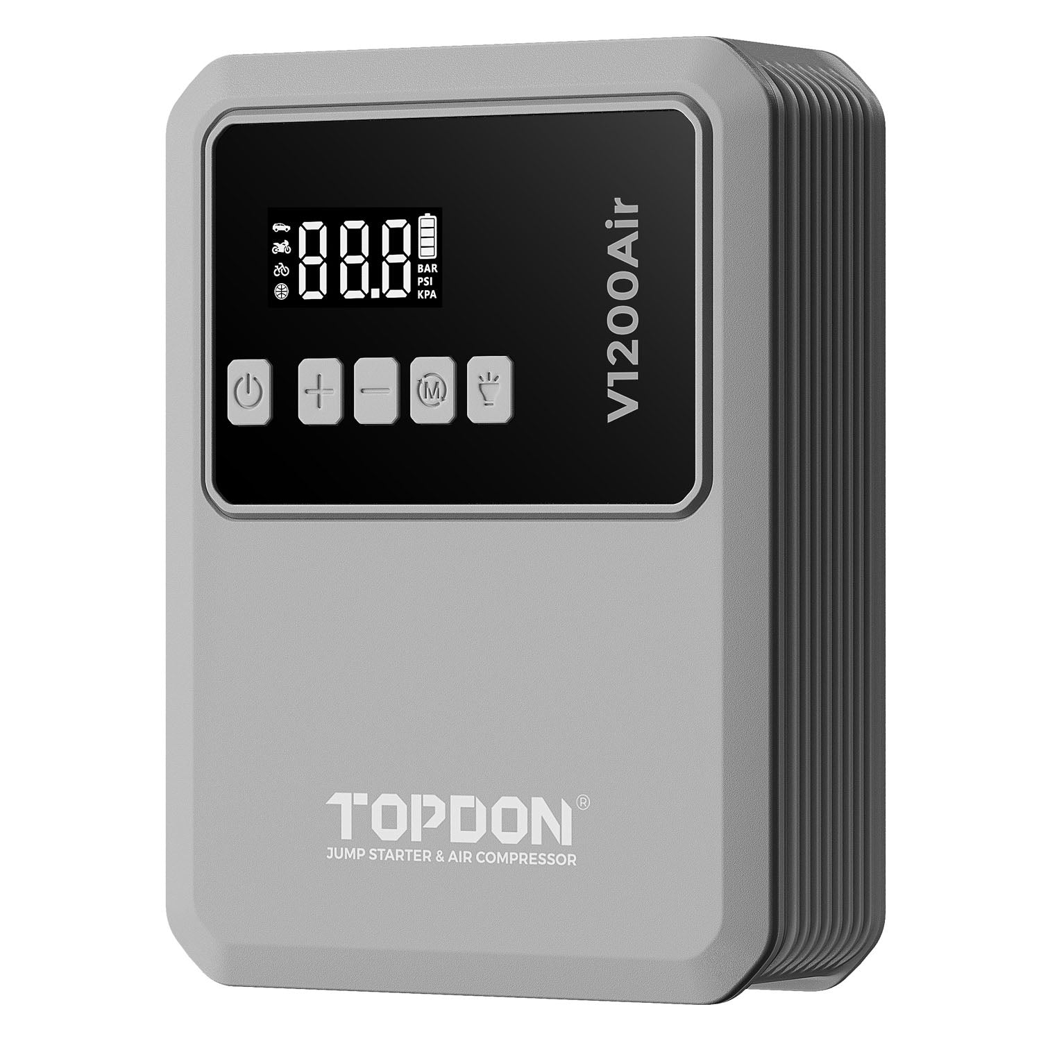 Angled front view of TOPDON V1200Air jump starter highlighting LED display and buttons