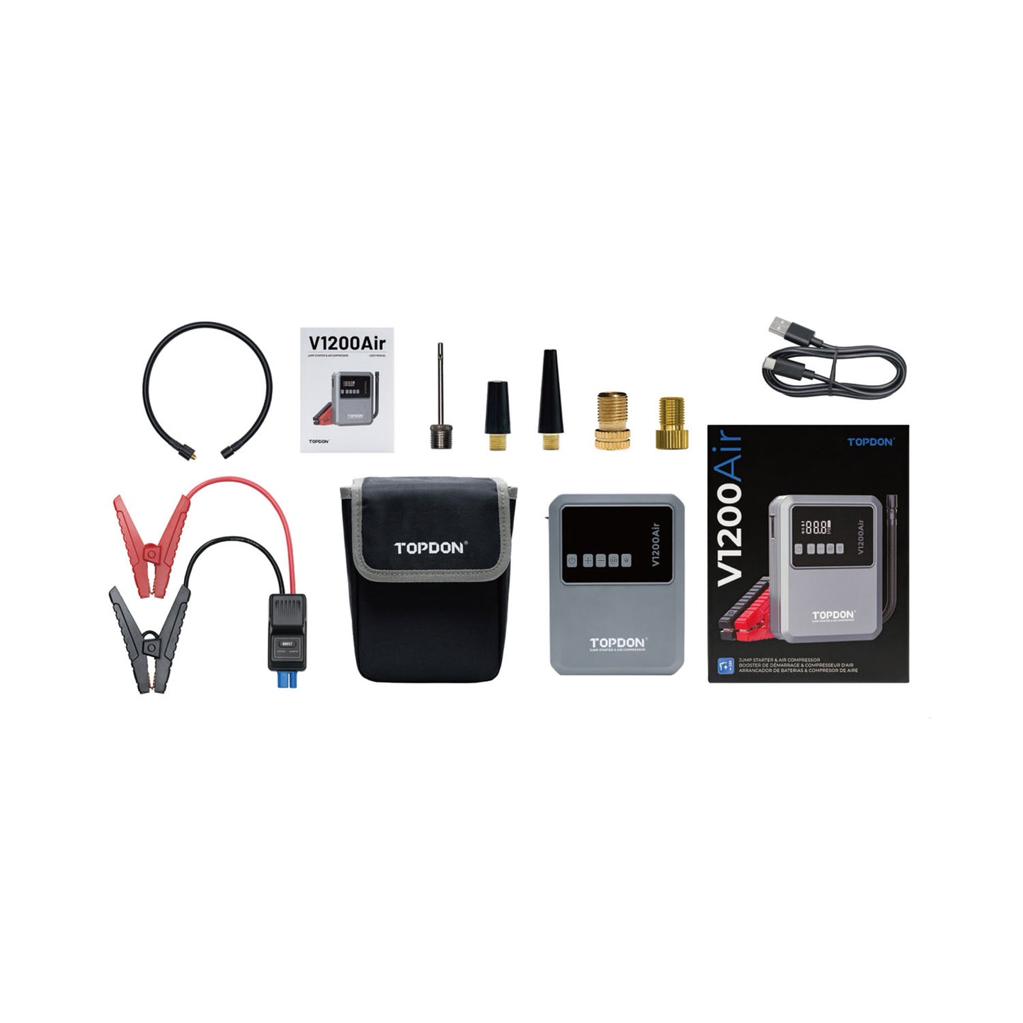 TOPDON V1200Air complete kit with jump starter, clamps, inflator nozzles, carrying case, and charging cables