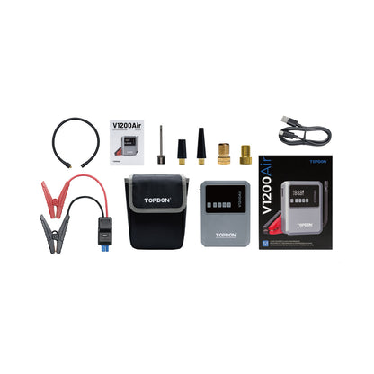 TOPDON V1200Air complete kit with jump starter, clamps, inflator nozzles, carrying case, and charging cables