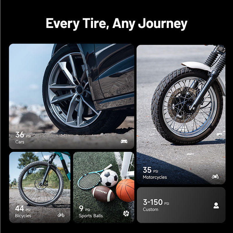 TOPDON V1200Air inflates cars, motorcycles, bicycles, sports balls, and custom PSI range from 3 to 150