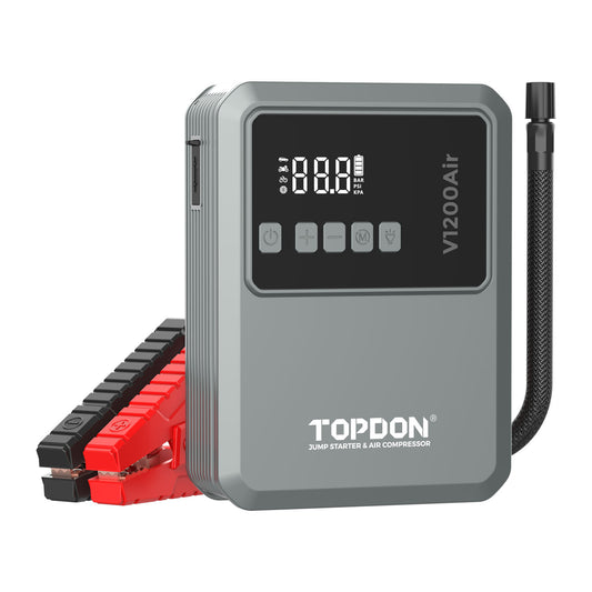 TOPDON V1200Air portable jump starter and air compressor with digital display and booster clamps