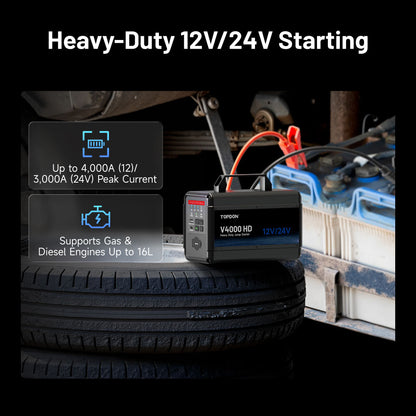 Heavy-duty starting capability of the TOPDON V4000 HD jump starter for gas and diesel vehicles using 12V and 24V systems