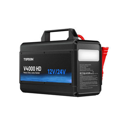 Angled front view of the TOPDON V4000 HD 4000A jump starter for 12V and 24V vehicles.