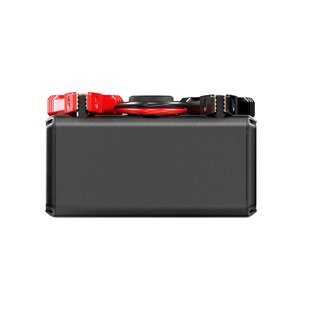Bottom view of the TOPDON V4000 HD jump starter with red and black jumper clamps.