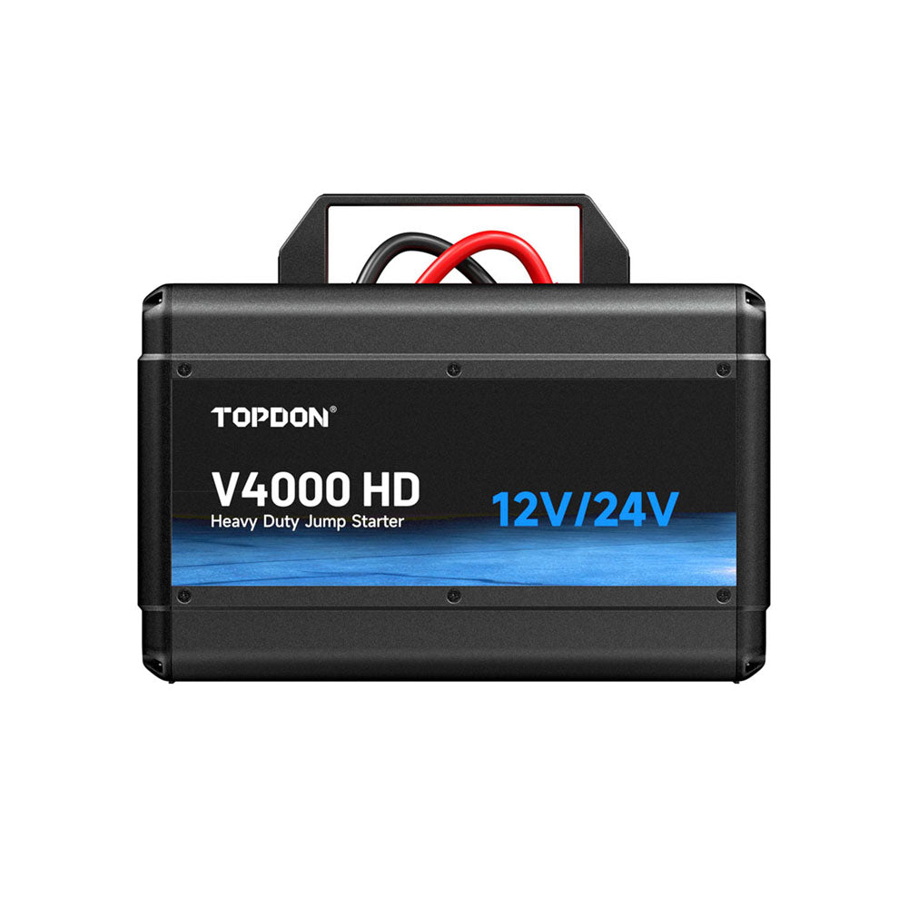 Front view of the TOPDON V4000 HD heavy duty jump starter with 12V and 24V support.