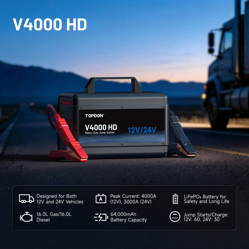 TOPDON V4000 HD jump starter on the road with jumper clamps, 12V/24V heavy-duty starting and 4000A peak current.
