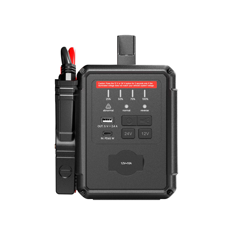 Side panel of the TOPDON V4000 HD jump starter with battery indicators and control buttons.
