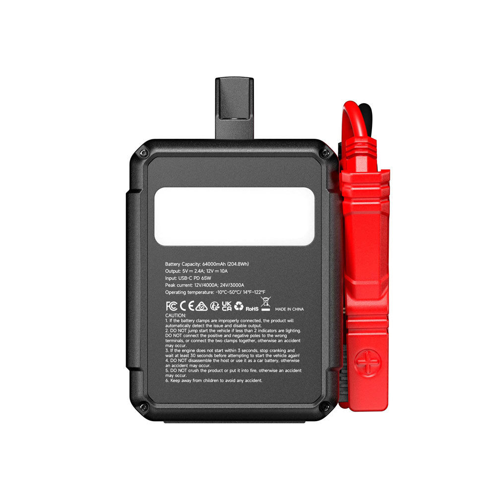 TOPDON V4000 HD jump starter with attached heavy duty jumper clamps and flashlight