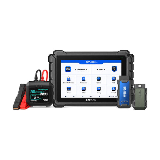 Front side of TOPDON ONE Plus with VCI and included products TopScan Master and BTMobile ProS