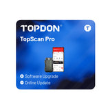 TOPDON TopScan Pro software upgrade package showing diagnostic device and mobile app interface on blue background.