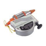 Silver and white plumb bob with orange rubber grip, metal tip, yellow string, and adjustment knob.