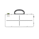 NVS Calibrator with white face, crosshair reticle, bubble level indicators, and carry handle.