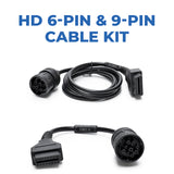 Two black diagnostic cables with connectors: top cable features a 9-pin circular connector and flat OBD-II connector; bottom 