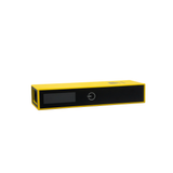 Yellow and black laser range finder with digital display and power button on front face.