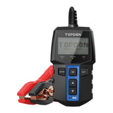 TOPDON battery tester with black and blue body, LCD display, and attached red and black clamps.