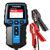 TOPDON BT200 battery tester with display screen showing battery status and two colored test clamps.