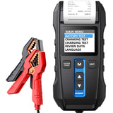 Handheld battery tester with digital display screen, thermal printer, and red/black clamp cables for vehicle battery diagnost