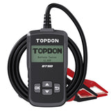 TOPDON BT50 battery tester with digital display showing 12.68V and attached red clamps with black cable.