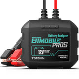 Black battery analyzer with display screen, red and black clamp cables, and three control buttons on top.
