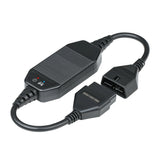 Black CAN-FD cable with ribbed adapter box and dual connector ends labeled with status indicators.