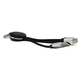 Black coiled charging cable with multiple connector types and retractable design with keychain attachment.