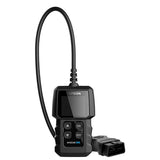 Black diagnostic scanner with small display screen, control buttons, and coiled cable attached to OBD connector.
