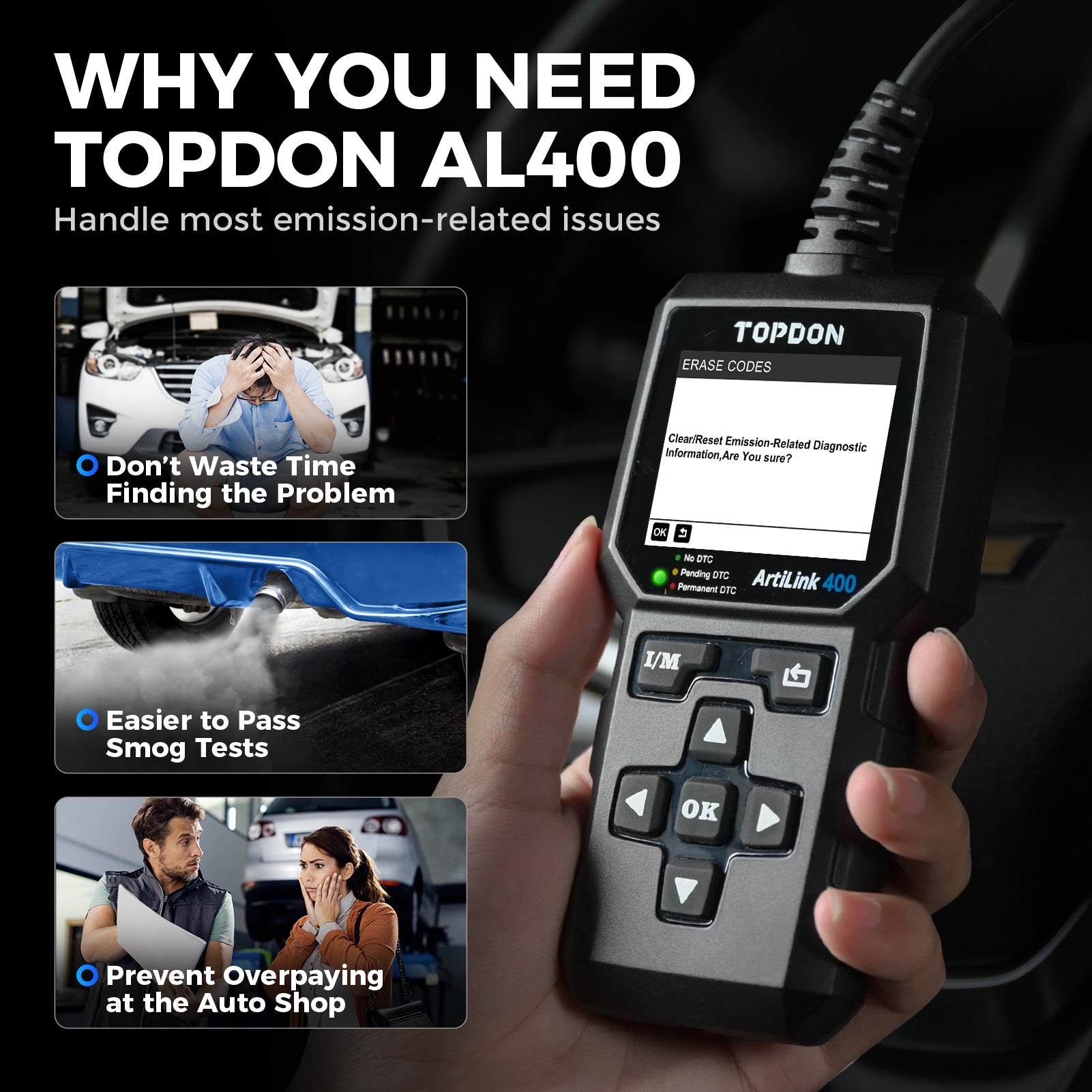 TOPDON AL400 OBD2 Scanner, Full OBDII Code Reader, Check Engine Light Scan  Tool, Car Scanner with DTC Lookup, Clear Codes, Freeze Frame, One-Click