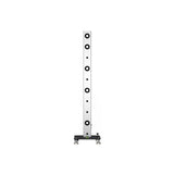 Tall vertical calibrator tool with white column featuring multiple black circular targets and adjustment points, mounted on b
