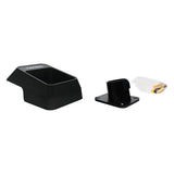 Black EV charger socket with protective cover, mounting base, and clear protective cap displayed separately.