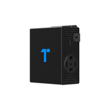 Black rectangular power splitter with blue logo on front face and outlet ports on side panel.