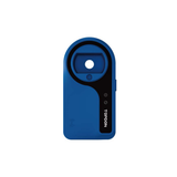 Blue and black handheld device with circular viewing window and control buttons on side.