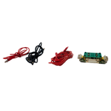 Red and black cables with connectors, black clip holder, green circuit board with DB25 connector and metal ports.