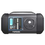Topdon portable diagnostic device with blue-accented LCD display panel, control buttons, and circular camera lens on right si