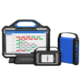 Topdon diagnostic scan tool kit with tablet displaying system diagram, handheld scanner device, and blue carrying case.