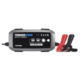 Tornado30000 battery charger with gray and black casing, control panel, power cord, and red and black clamp cables attached.